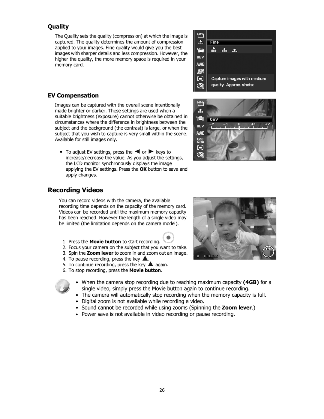 Sanyo VPC-E2100 instruction manual Recording Videos, Quality, EV Compensation, 26 