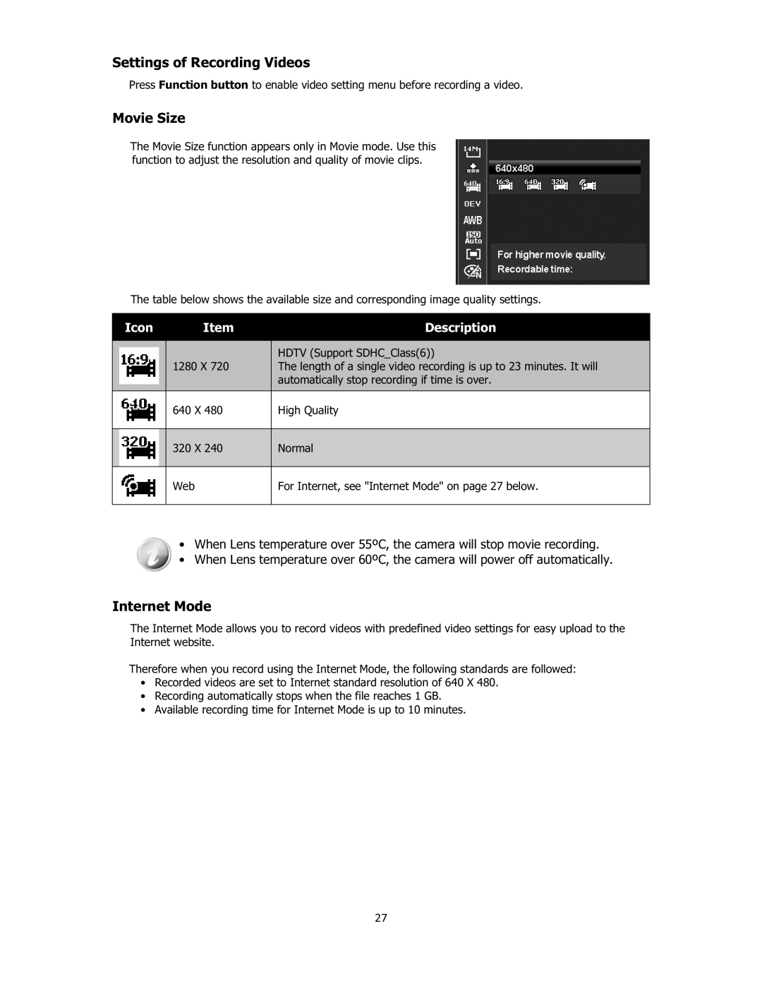 Sanyo VPC-E2100 instruction manual Settings of Recording Videos, Movie Size, Internet Mode, 27 