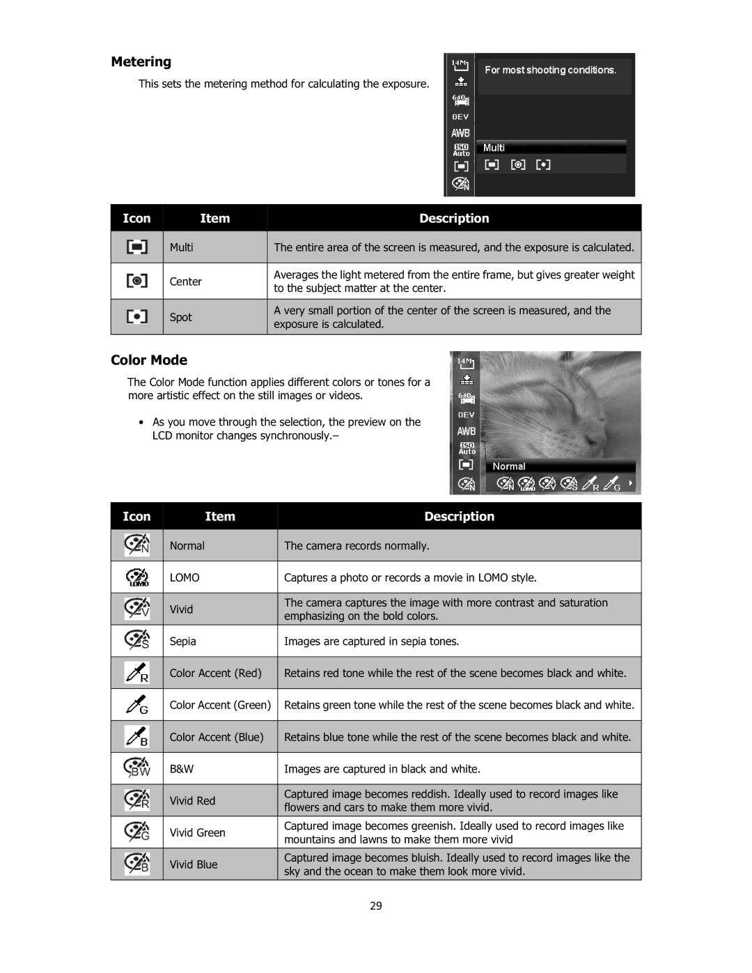 Sanyo VPC-E2100 instruction manual Metering, Color Mode, 29 