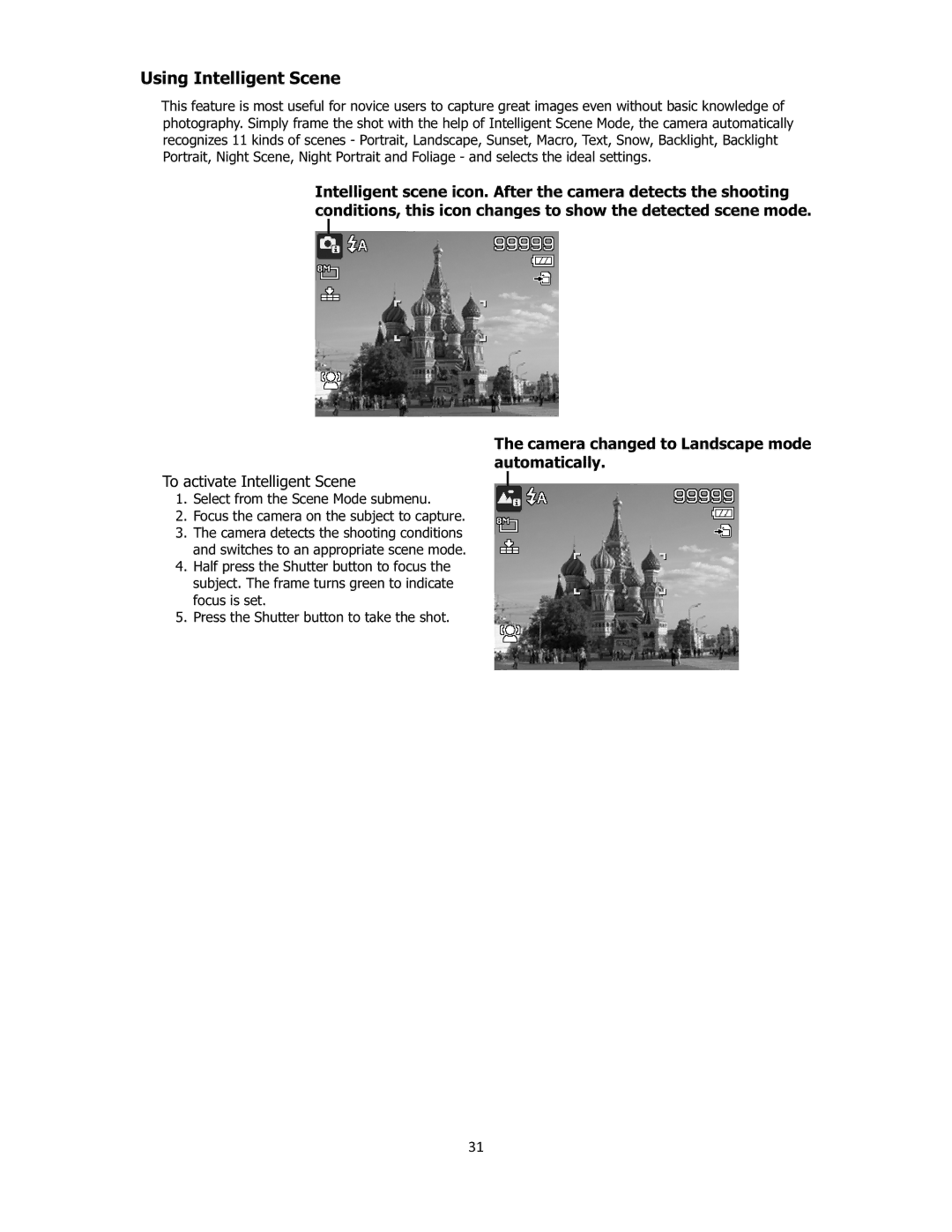 Sanyo VPC-E2100 instruction manual Using Intelligent Scene, To activate Intelligent Scene, 31 