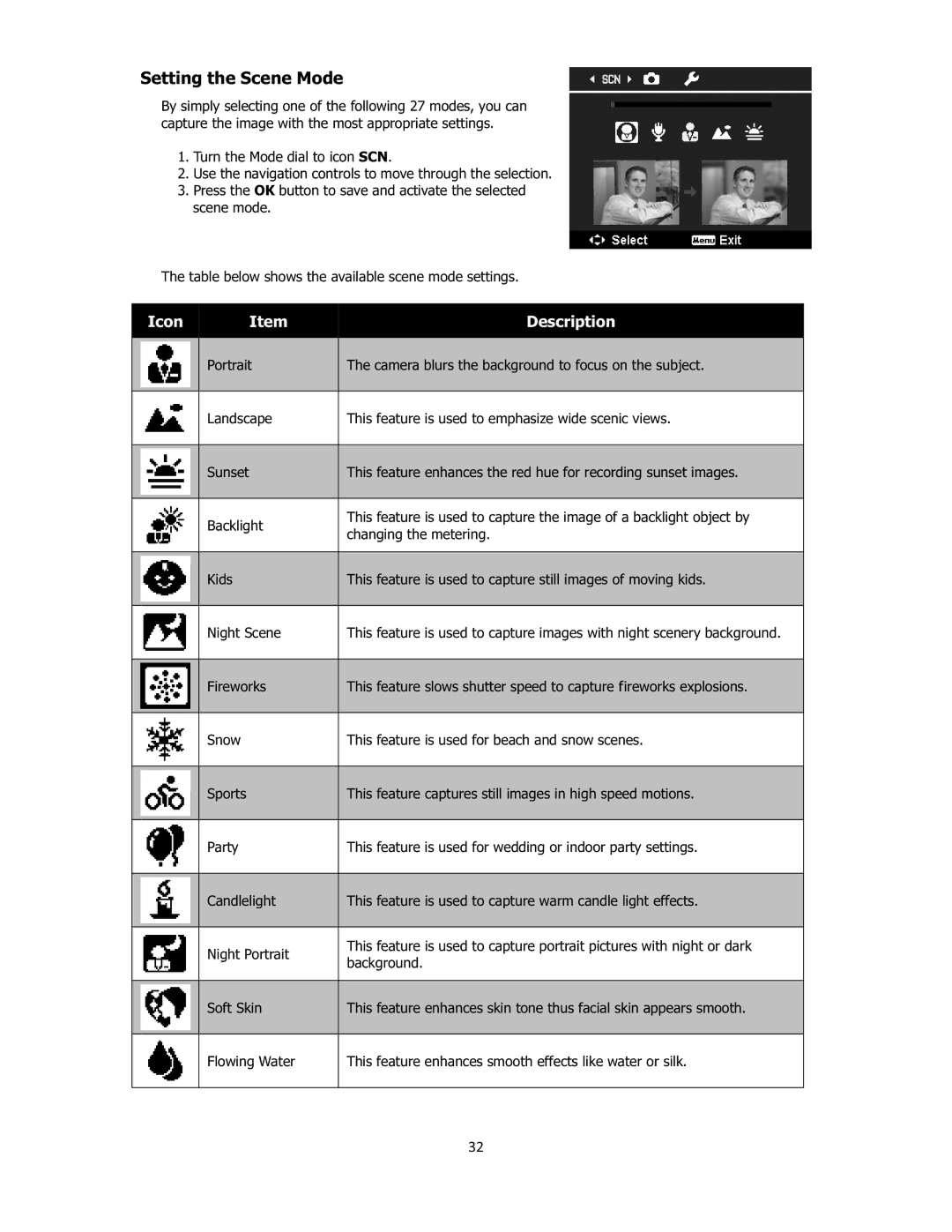 Sanyo VPC-E2100 instruction manual Setting the Scene Mode, 32 