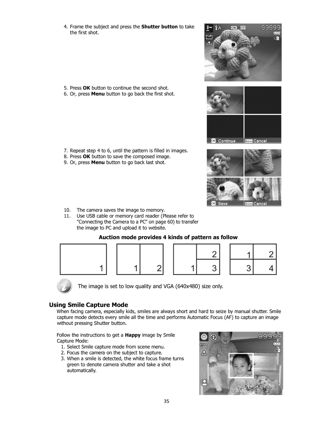 Sanyo VPC-E2100 instruction manual Using Smile Capture Mode, Auction mode provides 4 kinds of pattern as follow, 35 