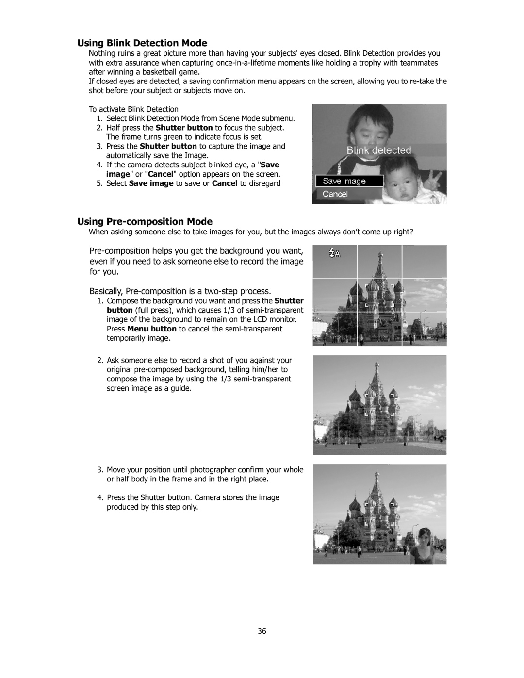 Sanyo VPC-E2100 instruction manual Using Blink Detection Mode, Using Pre-composition Mode, 36 