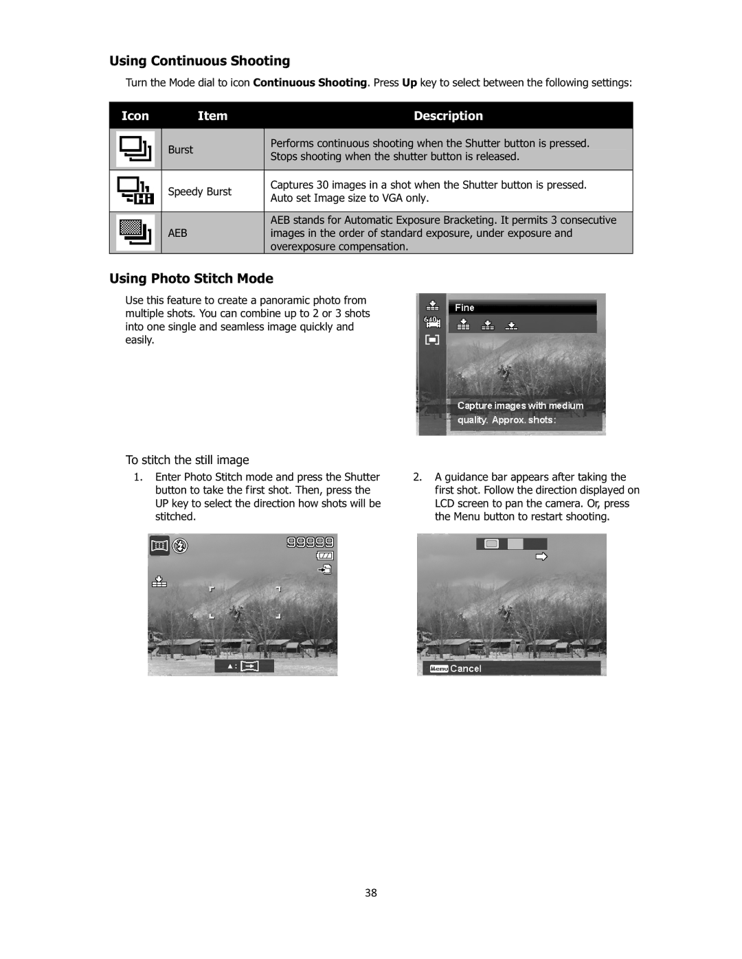 Sanyo VPC-E2100 instruction manual Using Continuous Shooting, Using Photo Stitch Mode, To stitch the still image, 38 