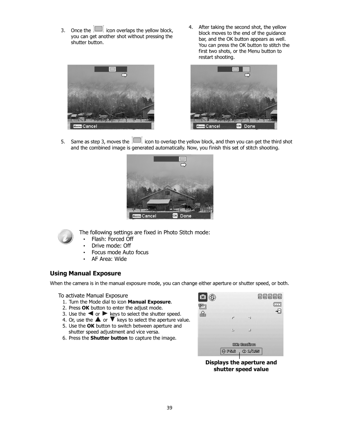 Sanyo VPC-E2100 Using Manual Exposure, To activate Manual Exposure, Displays the aperture Shutter speed value, 39 