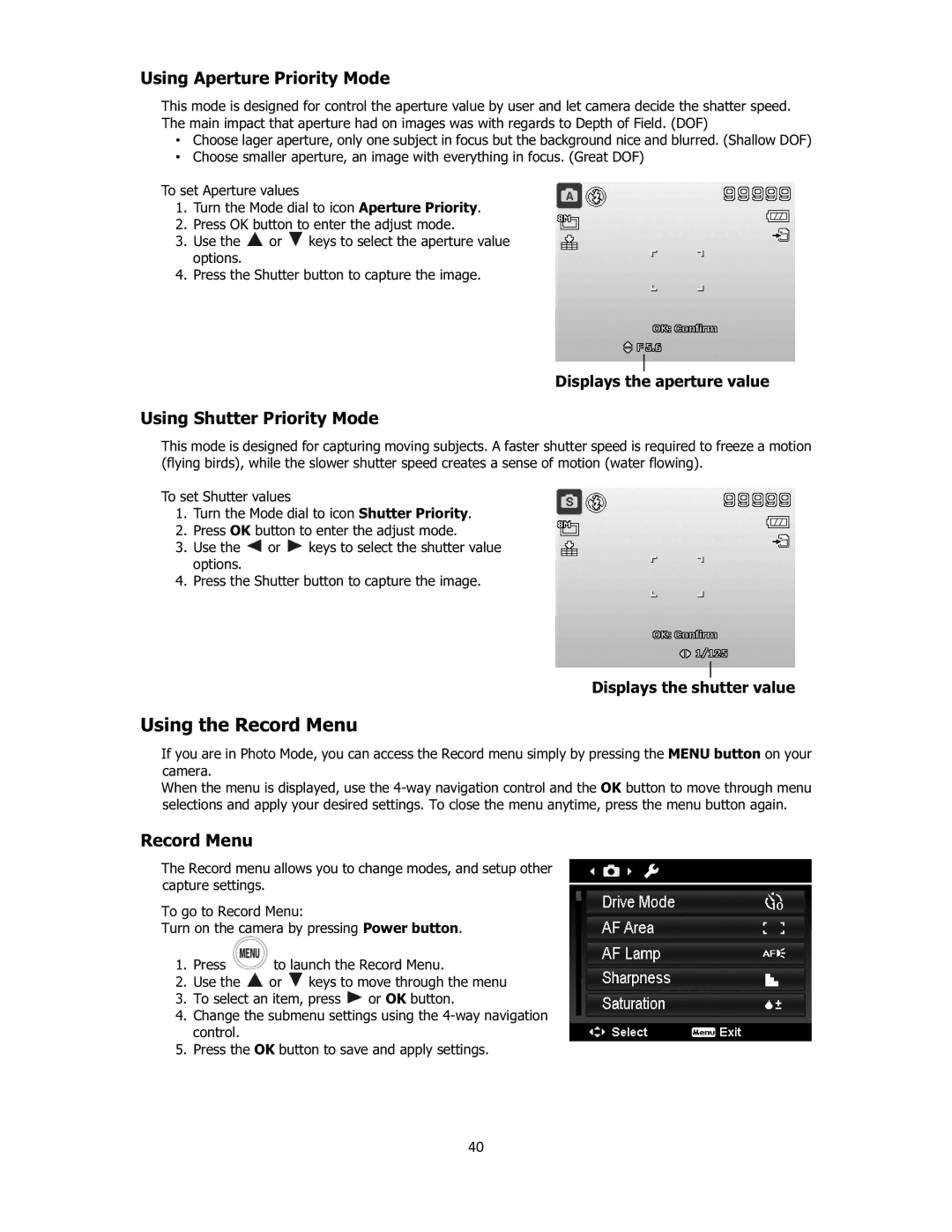 Sanyo VPC-E2100 instruction manual Using the Record Menu, Using Aperture Priority Mode, Using Shutter Priority Mode 