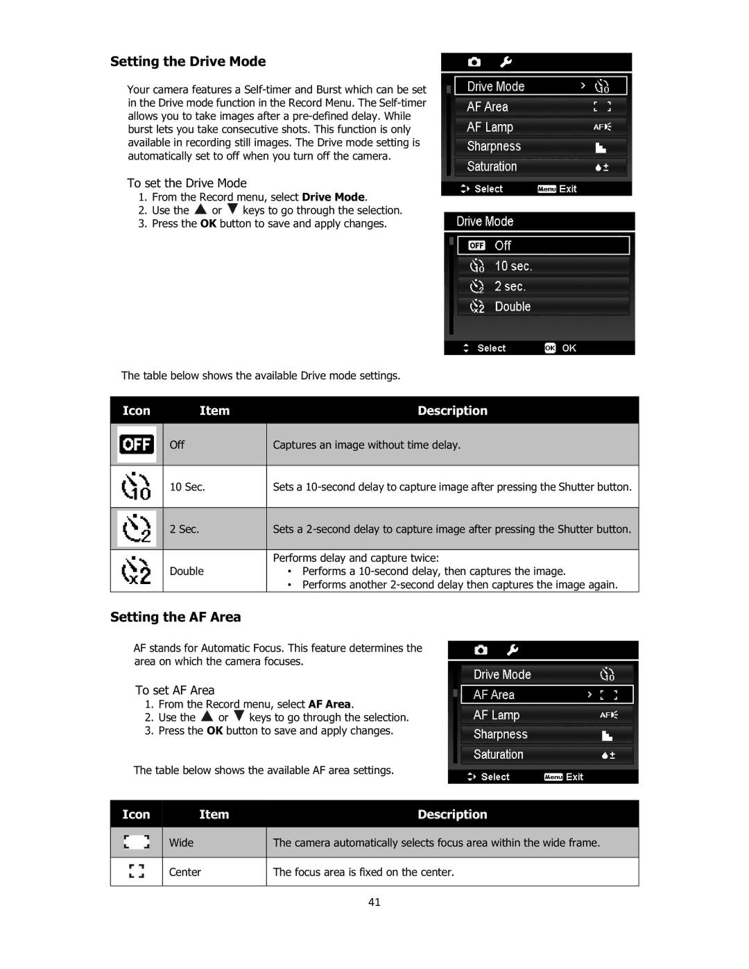 Sanyo VPC-E2100 instruction manual Setting the Drive Mode, Setting the AF Area, To set the Drive Mode, To set AF Area, 41 