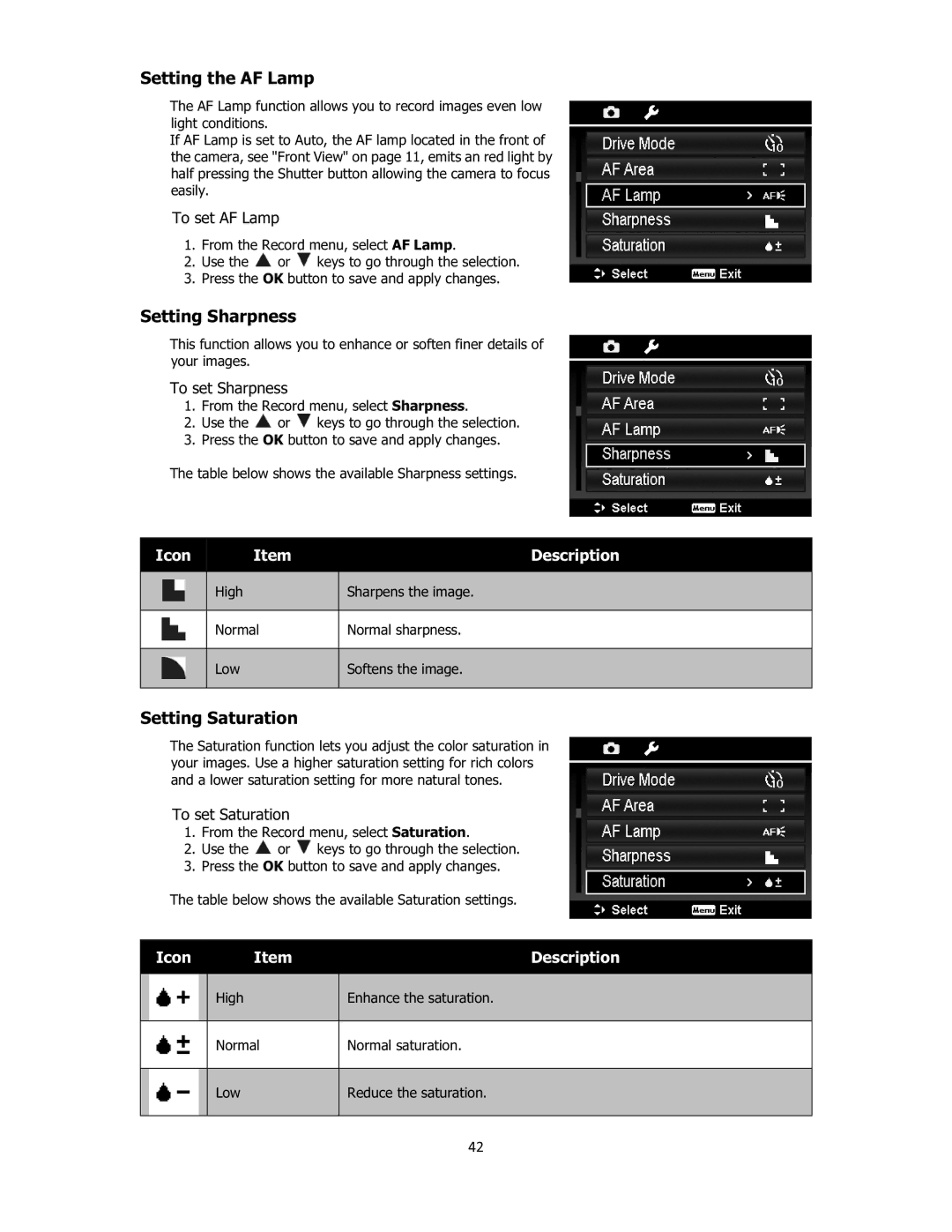 Sanyo VPC-E2100 instruction manual Setting the AF Lamp, Setting Sharpness, Setting Saturation 