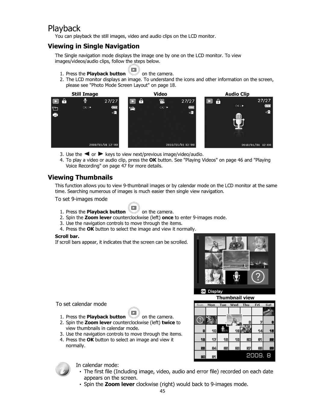 Sanyo VPC-E2100 Playback, Viewing in Single Navigation, Viewing Thumbnails, To set 9-images mode, To set calendar mode 