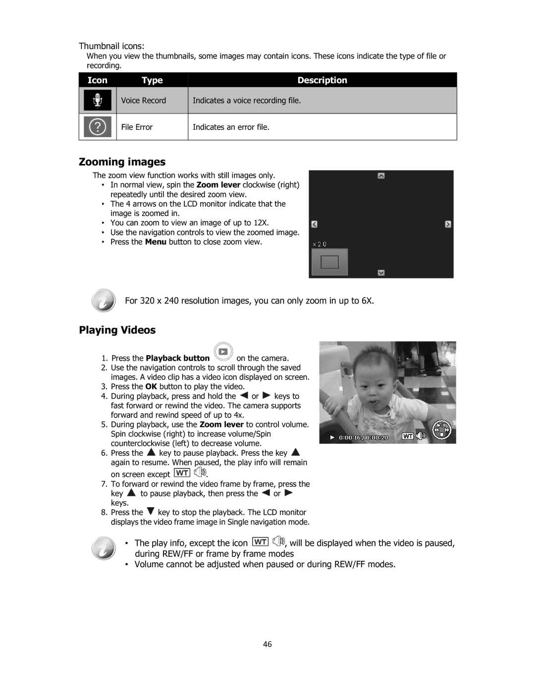 Sanyo VPC-E2100 instruction manual Zooming images, Playing Videos, Thumbnail icons, 46 