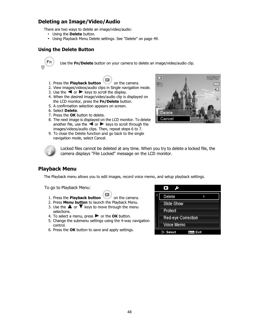 Sanyo VPC-E2100 instruction manual Deleting an Image/Video/Audio, Using the Delete Button, To go to Playback Menu, 48 