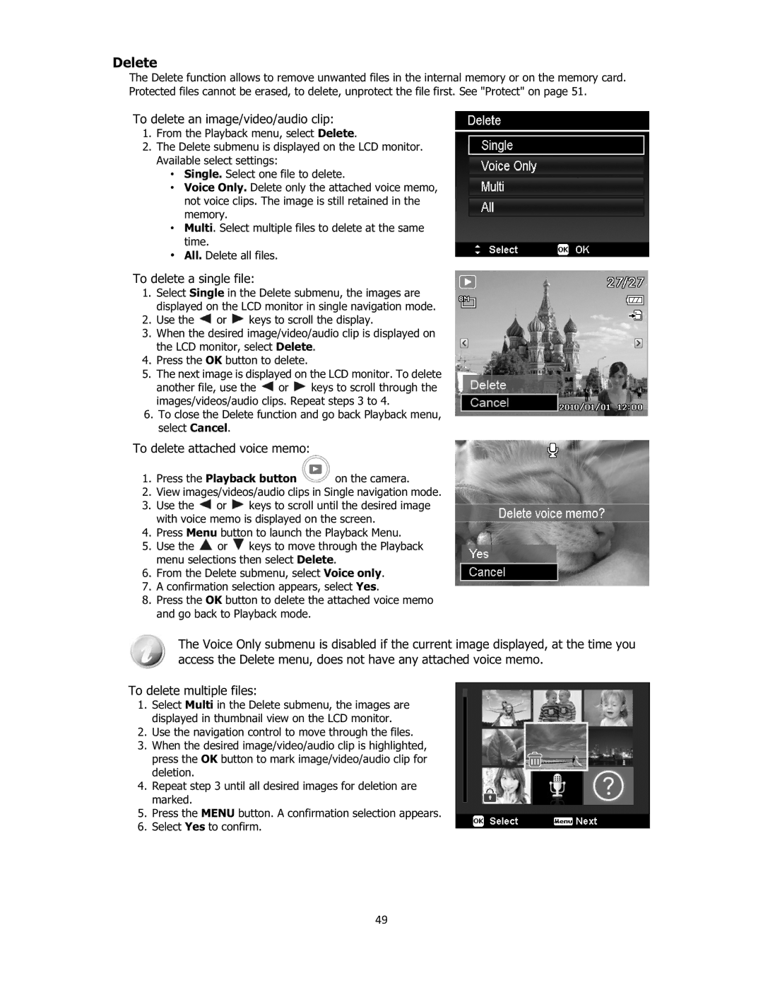 Sanyo VPC-E2100 Delete, To delete an image/video/audio clip, To delete a single file, To delete attached voice memo, 49 