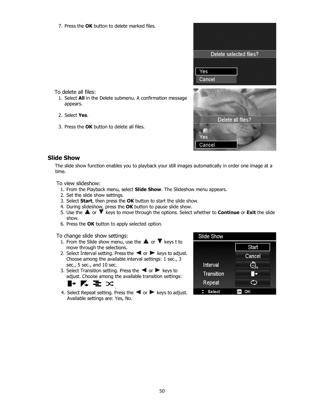 Sanyo VPC-E2100 instruction manual Slide Show, To delete all files, To view slideshow, To change slide show settings, 50 