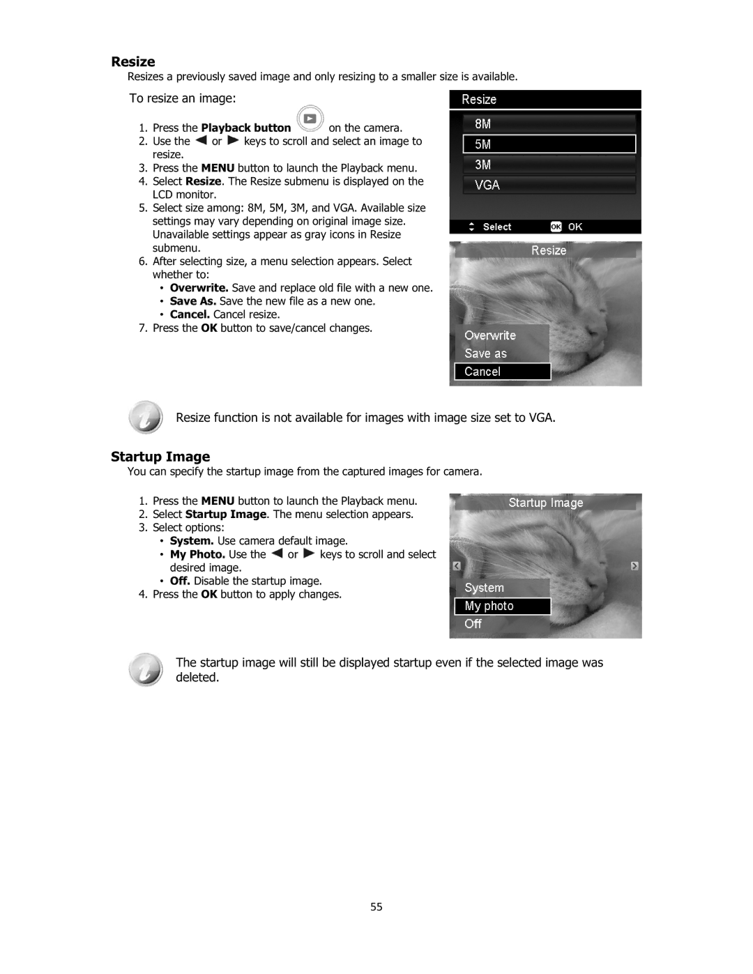 Sanyo VPC-E2100 instruction manual Resize, Startup Image, To resize an image, 55 