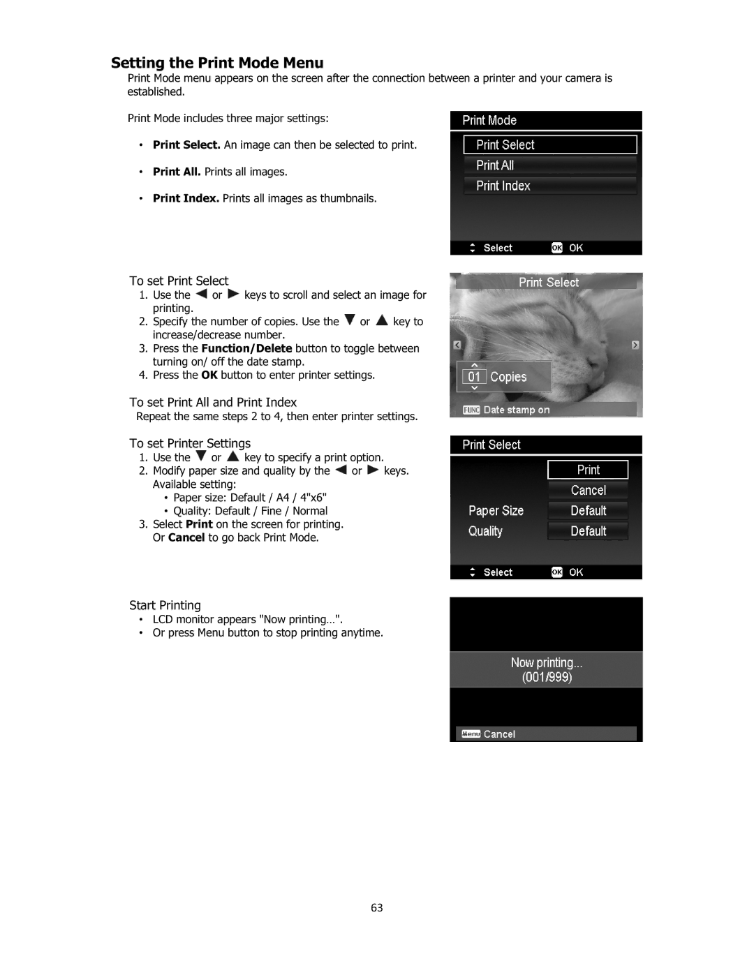 Sanyo VPC-E2100 Setting the Print Mode Menu, To set Print Select, To set Print All and Print Index, Start Printing 