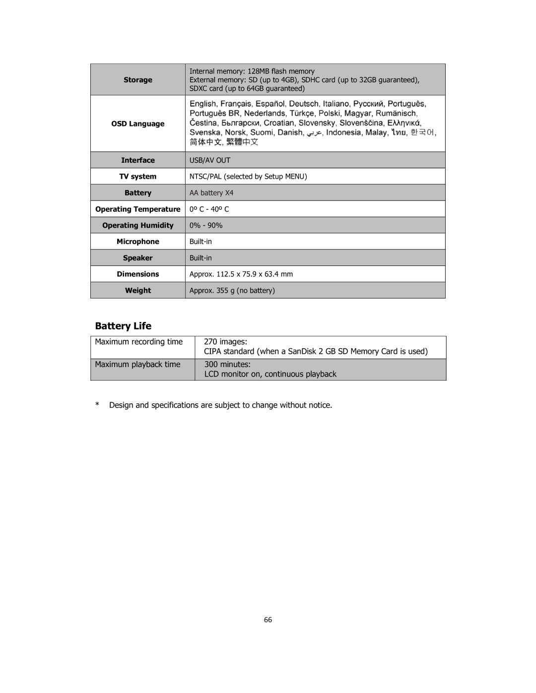 Sanyo VPC-E2100 instruction manual Battery Life, Storage 