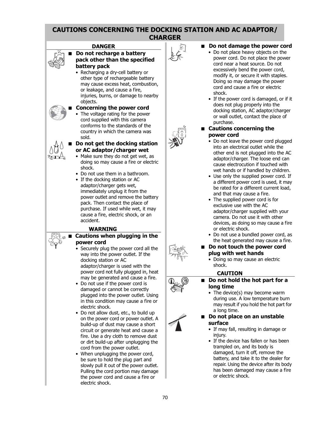 Sanyo VPC-E2100 instruction manual Concerning the power cord, Do not get the docking station or AC adaptor/charger wet, 70 