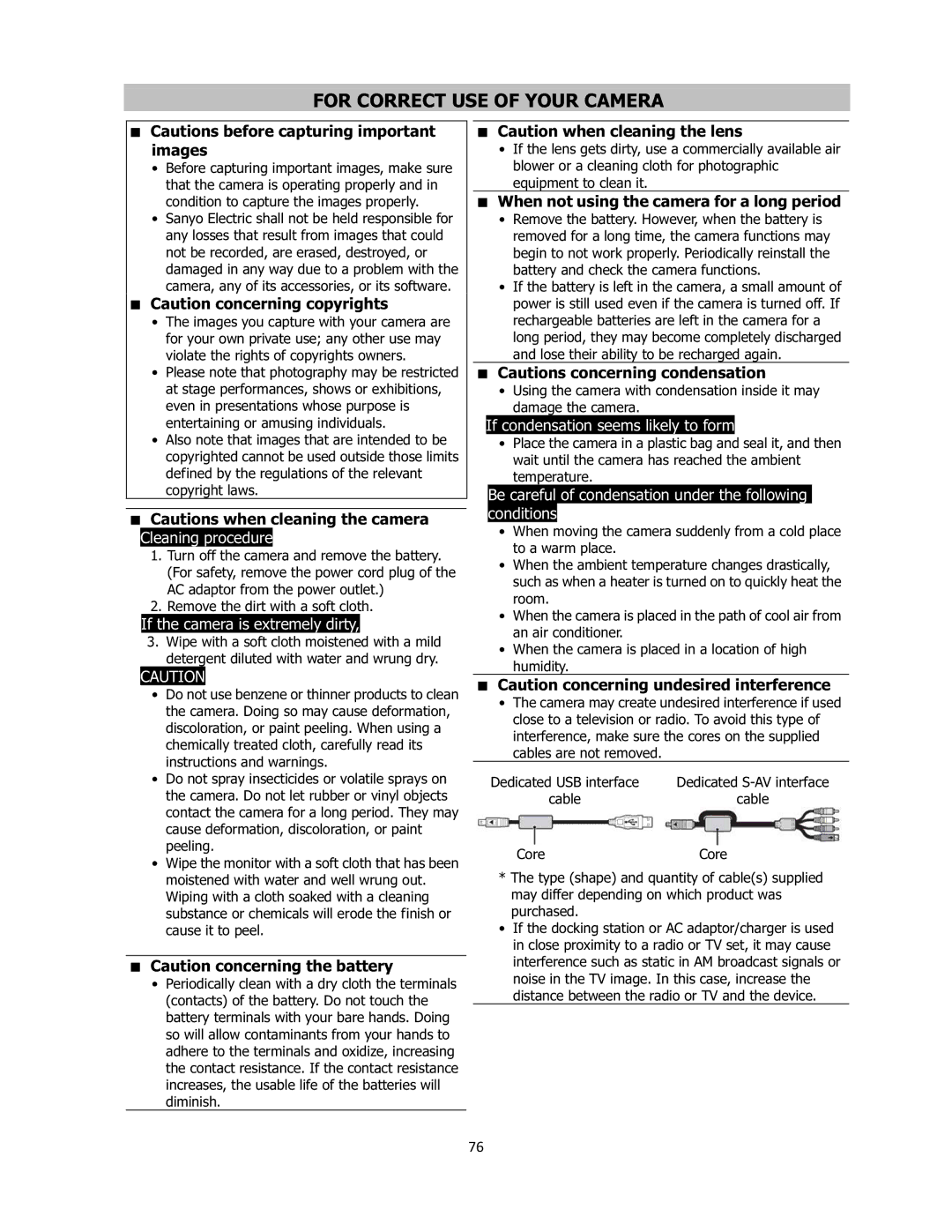 Sanyo VPC-E2100 instruction manual When not using the camera for a long period, 76 