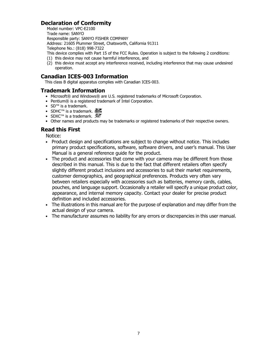 Sanyo VPC-E2100 Declaration of Conformity, Canadian ICES-003 Information, Trademark Information, Read this First 