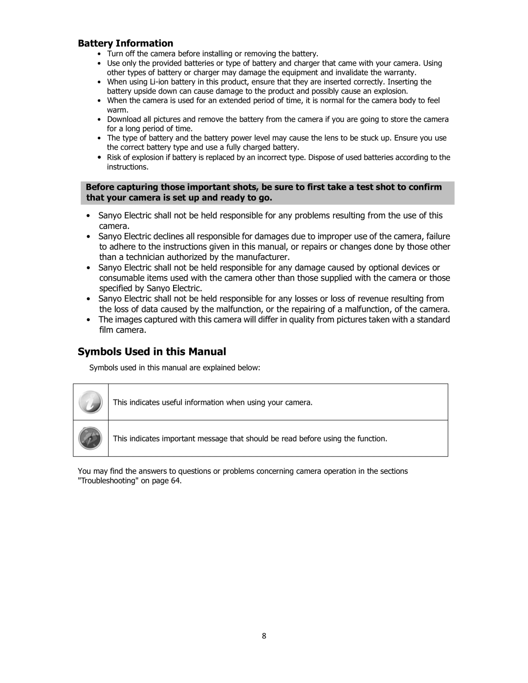 Sanyo VPC-E2100 instruction manual Symbols Used in this Manual, Battery Information 