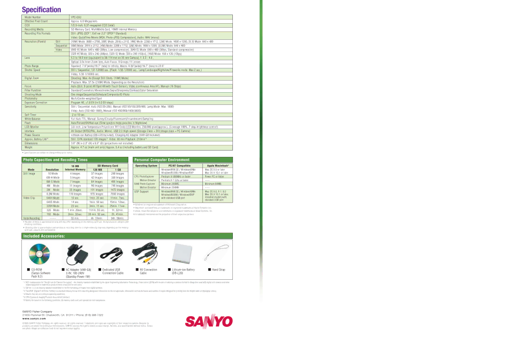 Sanyo VPC-E6U specifications Specification, Ccd 