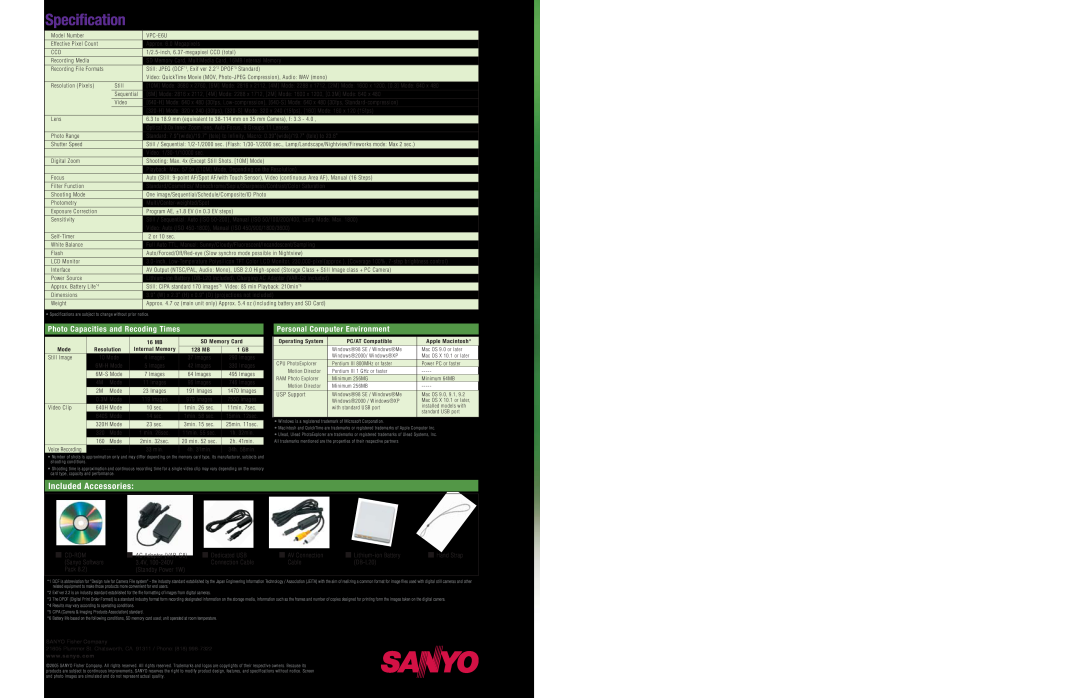 Sanyo VPC-E6U Specification, Included Accessories, Photo Capacities and Recoding Times, Personal Computer Environment 