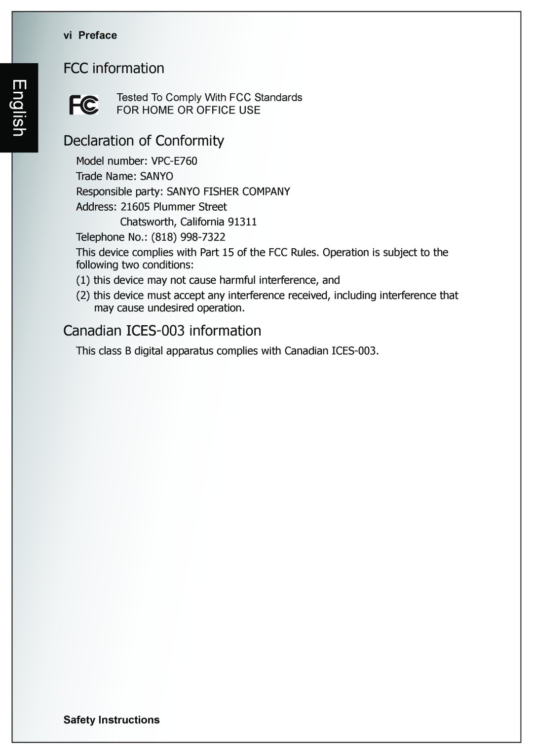 Sanyo VPC-E760 user manual FCC information, Canadian ICES-003 information, Vi Preface 