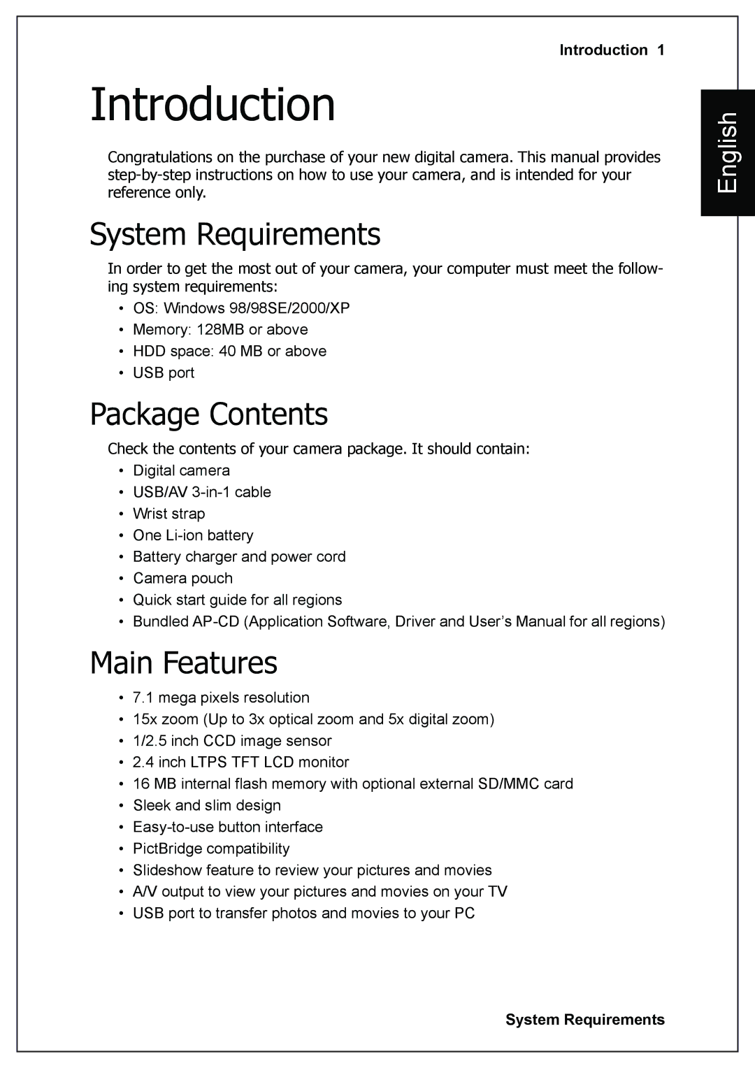 Sanyo VPC-E760 user manual Introduction, System Requirements, Package Contents, Main Features 