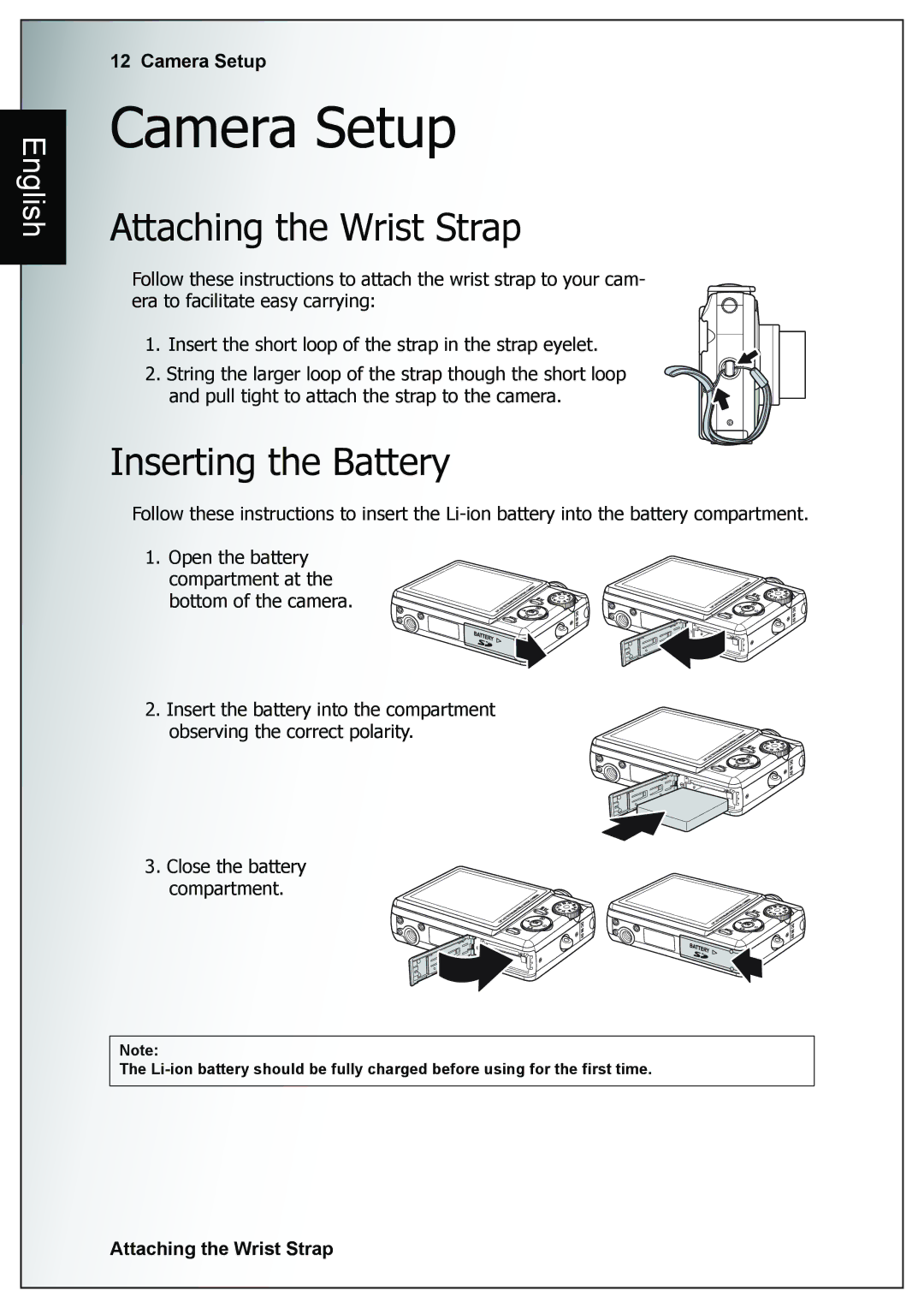 Sanyo VPC-E760 user manual Camera Setup, Attaching the Wrist Strap, Inserting the Battery 