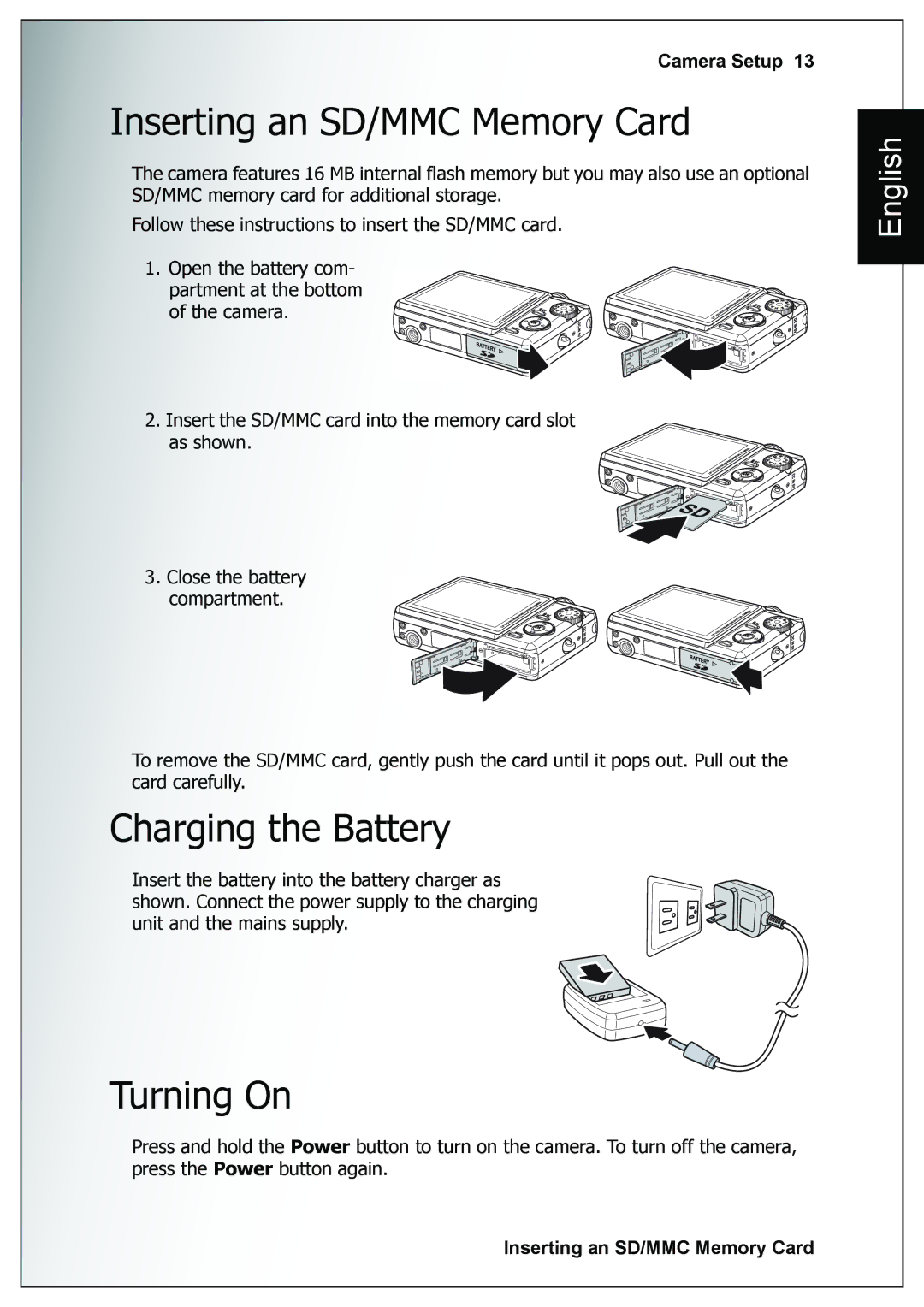 Sanyo VPC-E760 user manual Inserting an SD/MMC Memory Card, Charging the Battery, Turning On 