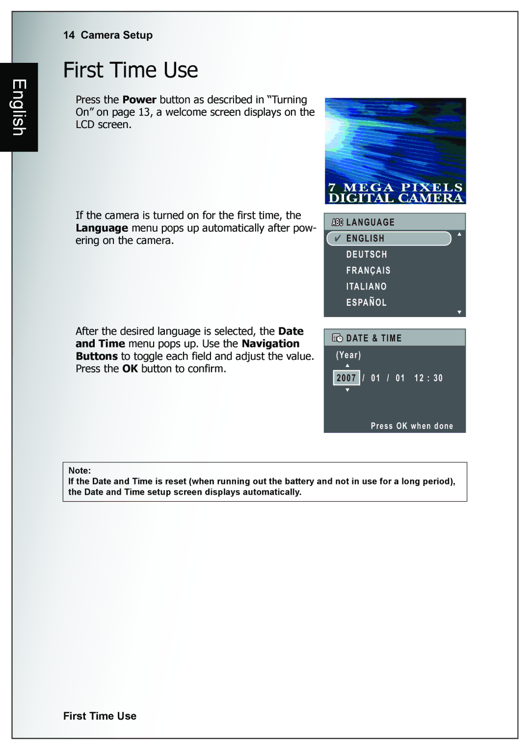 Sanyo VPC-E760 user manual First Time Use, 2007 / 01 / 01 12 