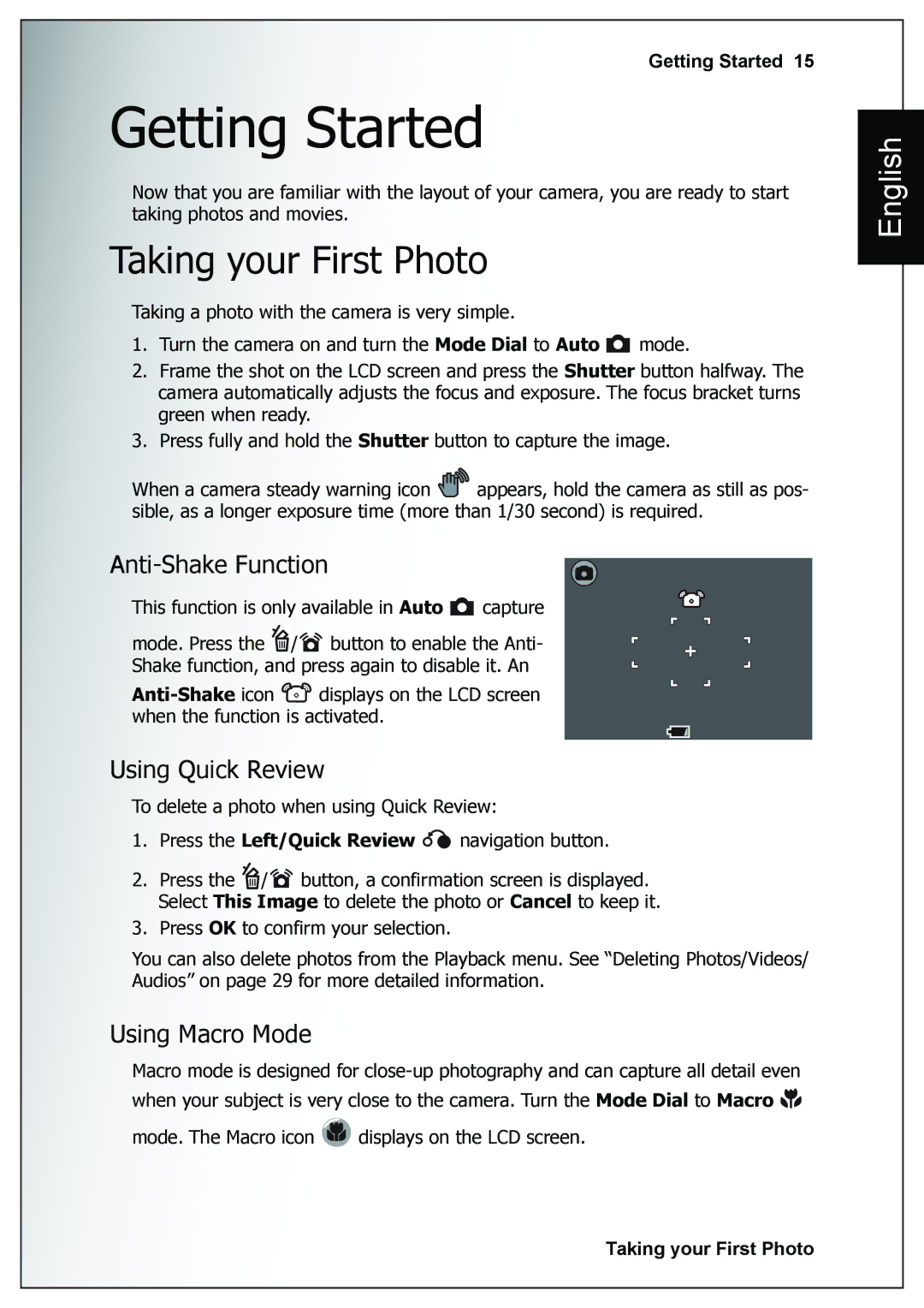 Sanyo VPC-E760 Getting Started, Taking your First Photo, Anti-Shake Function, Using Quick Review, Using Macro Mode 