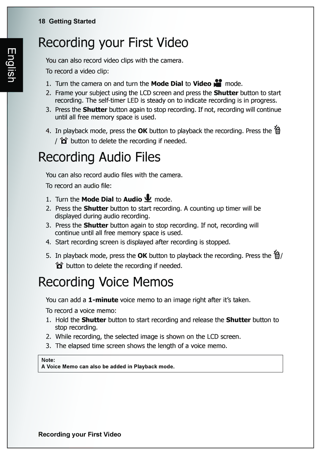 Sanyo VPC-E760 user manual Recording your First Video, Recording Audio Files, Recording Voice Memos 