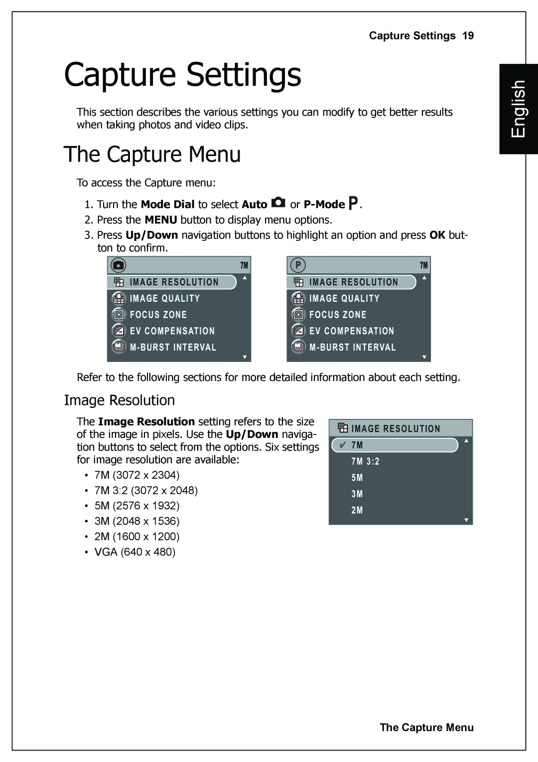 Sanyo VPC-E760 user manual Capture Settings, Capture Menu, Image Resolution 