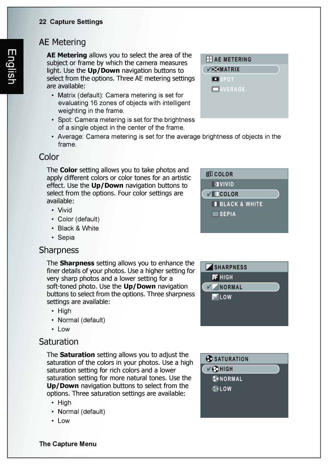 Sanyo VPC-E760 user manual AE Metering, Color, Sharpness, Saturation 