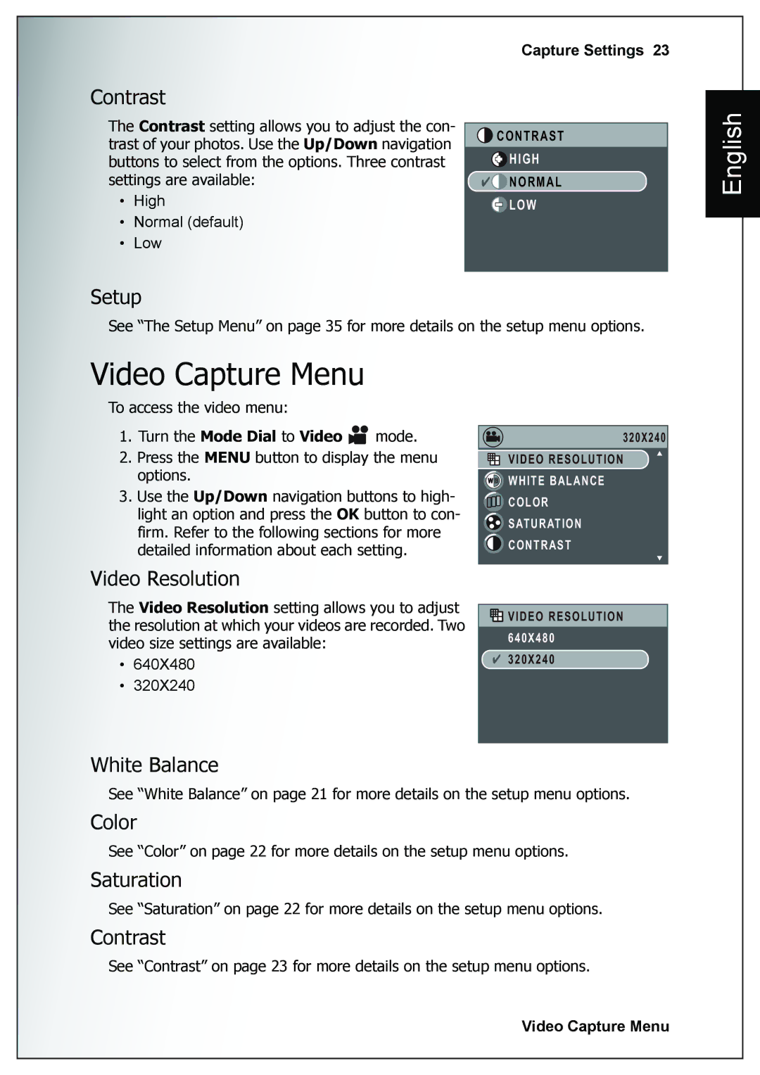 Sanyo VPC-E760 user manual Video Capture Menu, Contrast, Setup, Video Resolution 