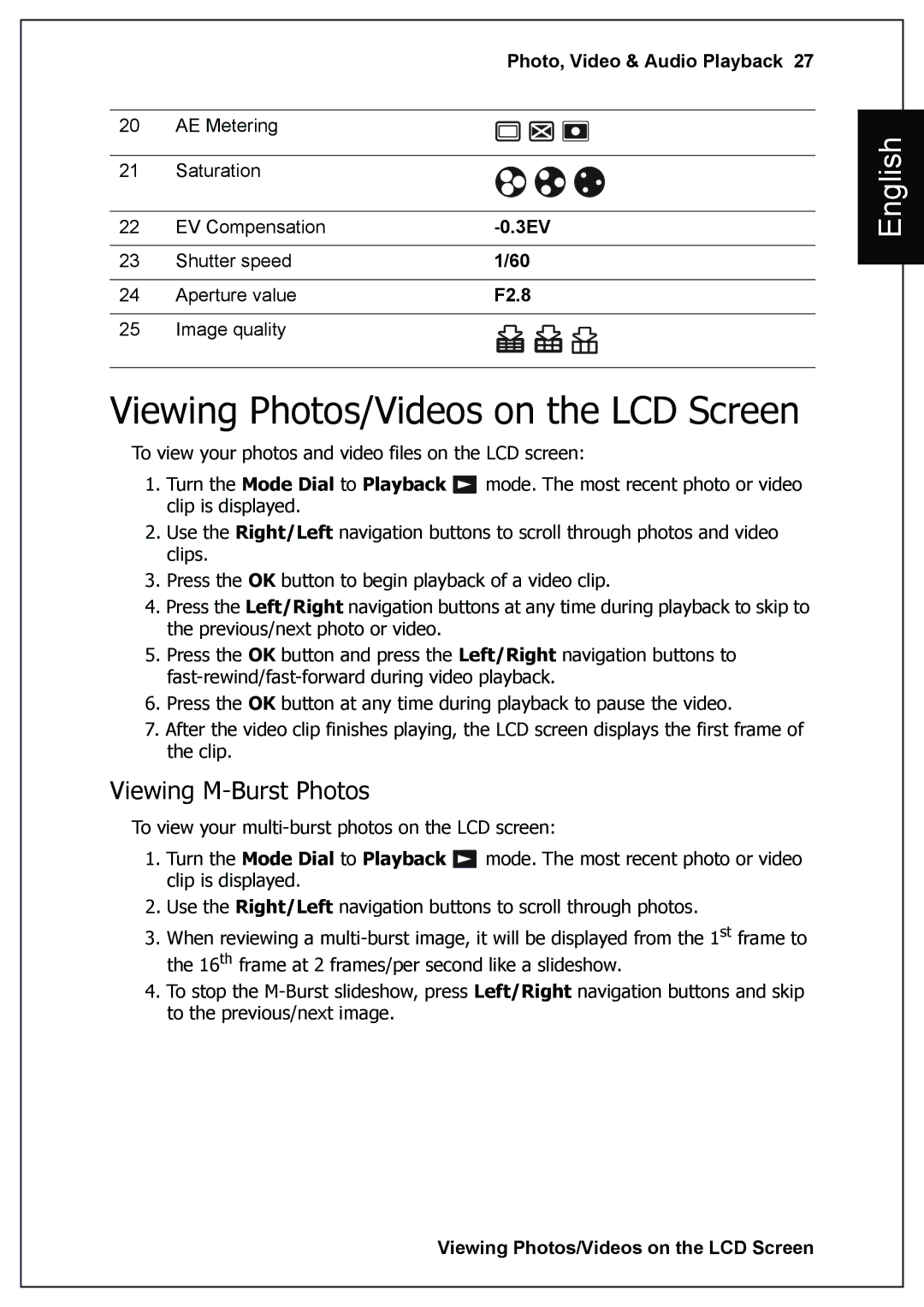 Sanyo VPC-E760 user manual Viewing Photos/Videos on the LCD Screen, Viewing M-Burst Photos, 3EV, F2.8 