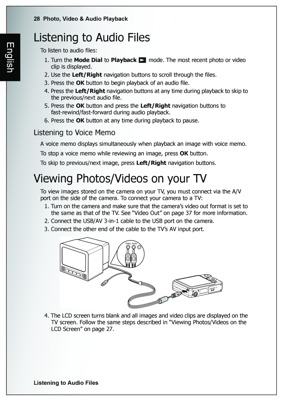 Sanyo VPC-E760 user manual Listening to Audio Files, Viewing Photos/Videos on your TV, Listening to Voice Memo 