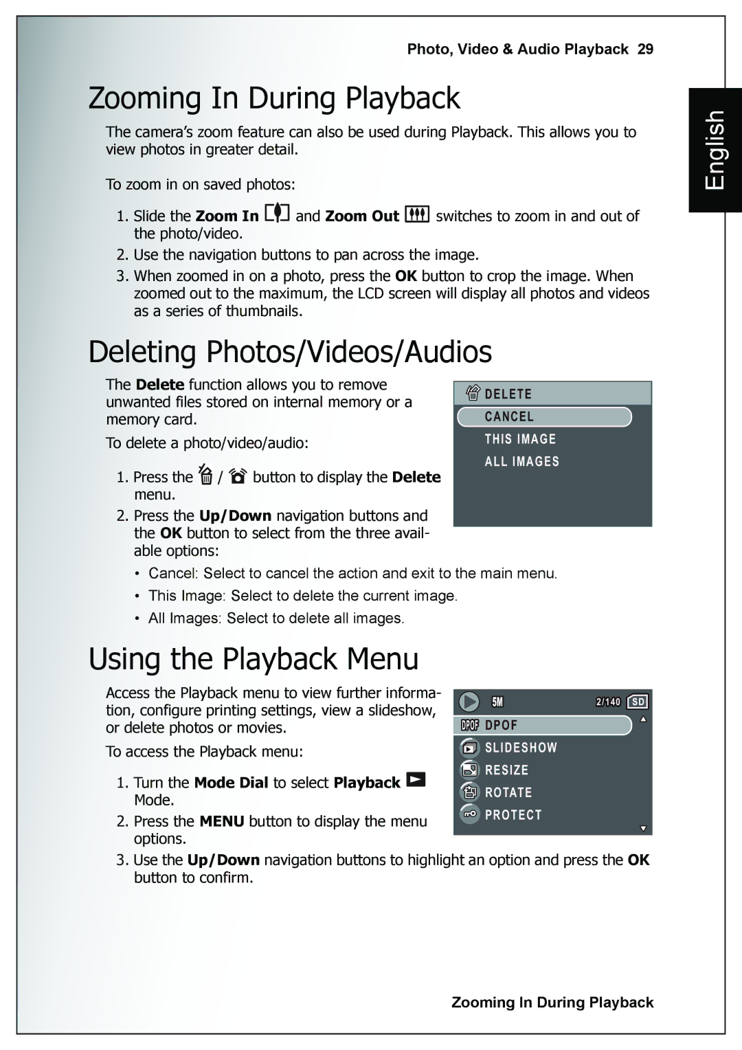 Sanyo VPC-E760 user manual Zooming In During Playback, Deleting Photos/Videos/Audios, Using the Playback Menu 