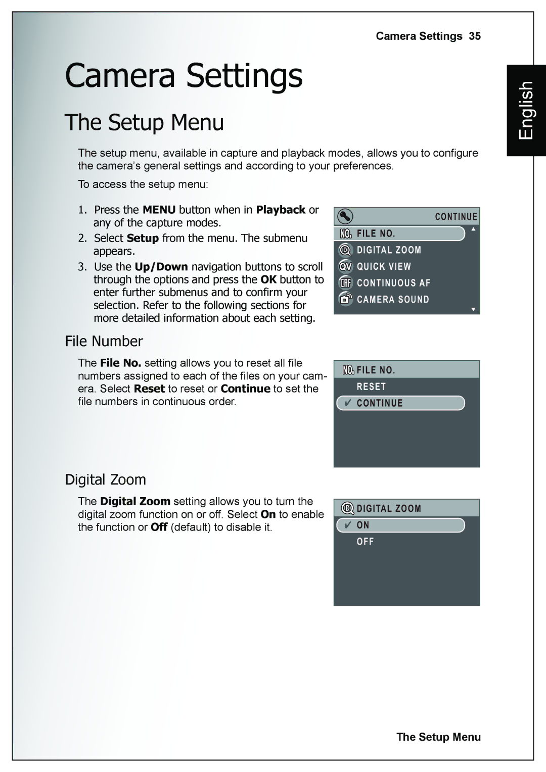 Sanyo VPC-E760 user manual Camera Settings, Setup Menu, File Number, Digital Zoom 