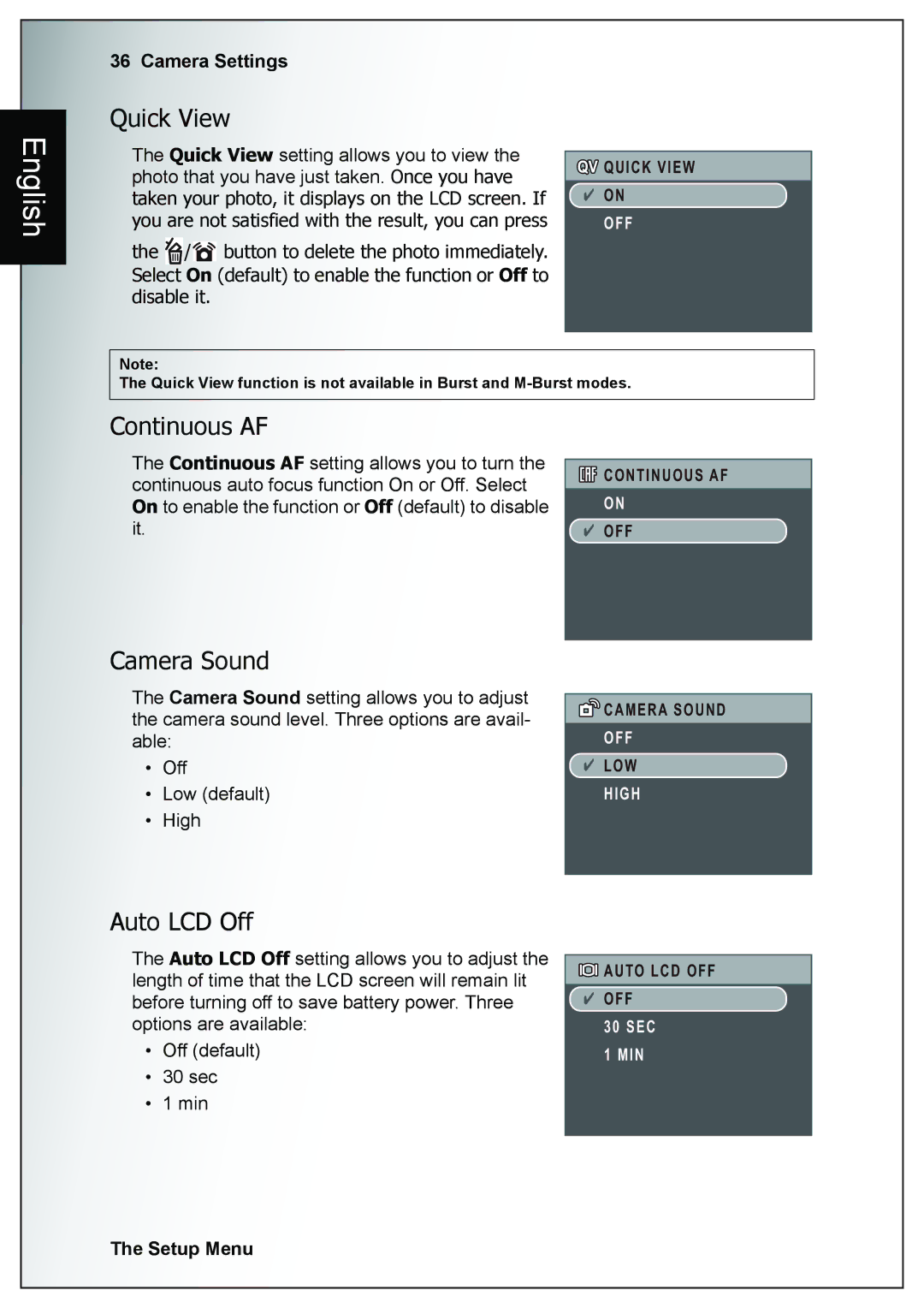 Sanyo VPC-E760 user manual Quick View, Continuous AF, Camera Sound, Auto LCD Off 