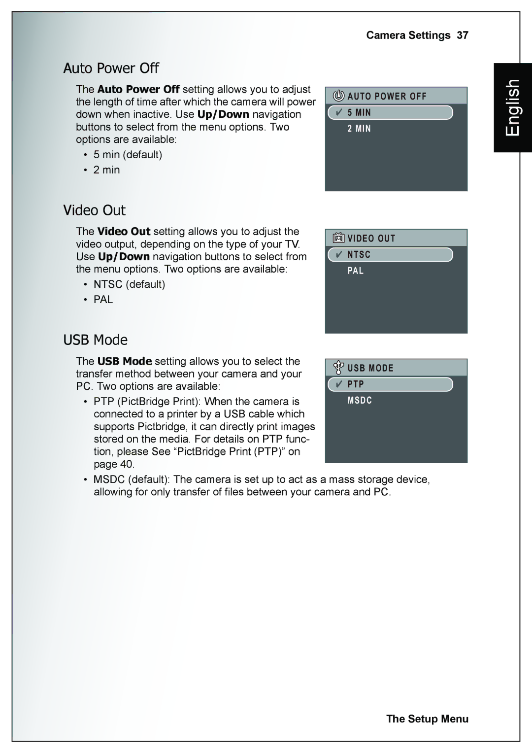 Sanyo VPC-E760 user manual Auto Power Off, Video Out, USB Mode 