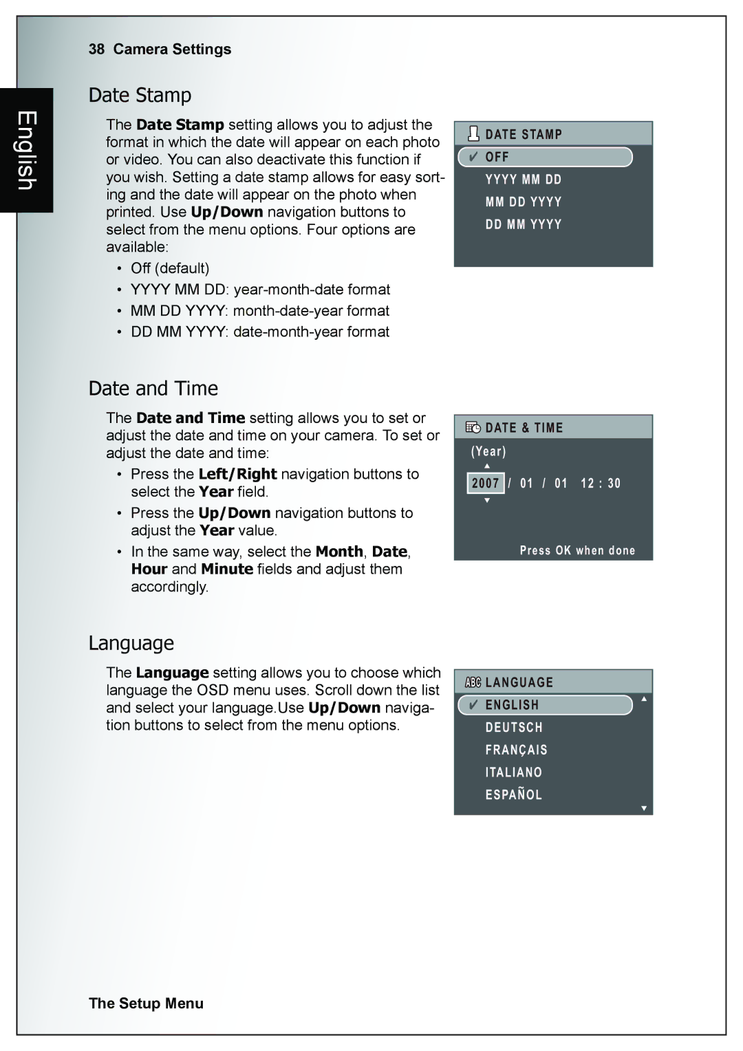 Sanyo VPC-E760 user manual Date Stamp, Date and Time, Language 