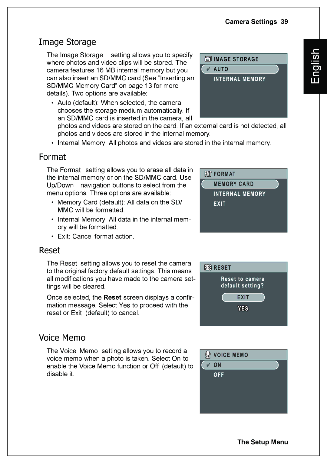 Sanyo VPC-E760 user manual Image Storage, Format, Reset, Voice Memo 