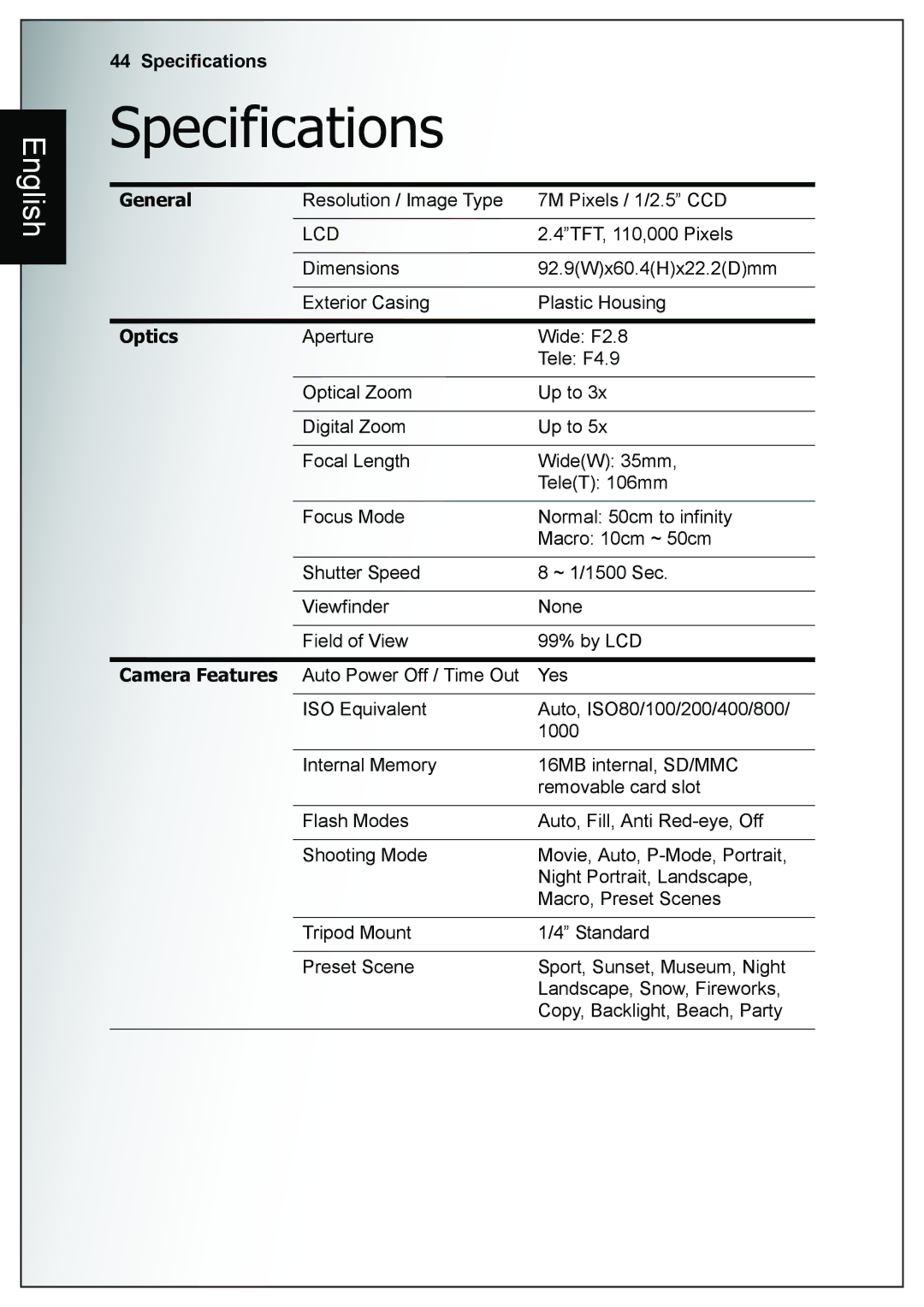 Sanyo VPC-E760 user manual Specifications 