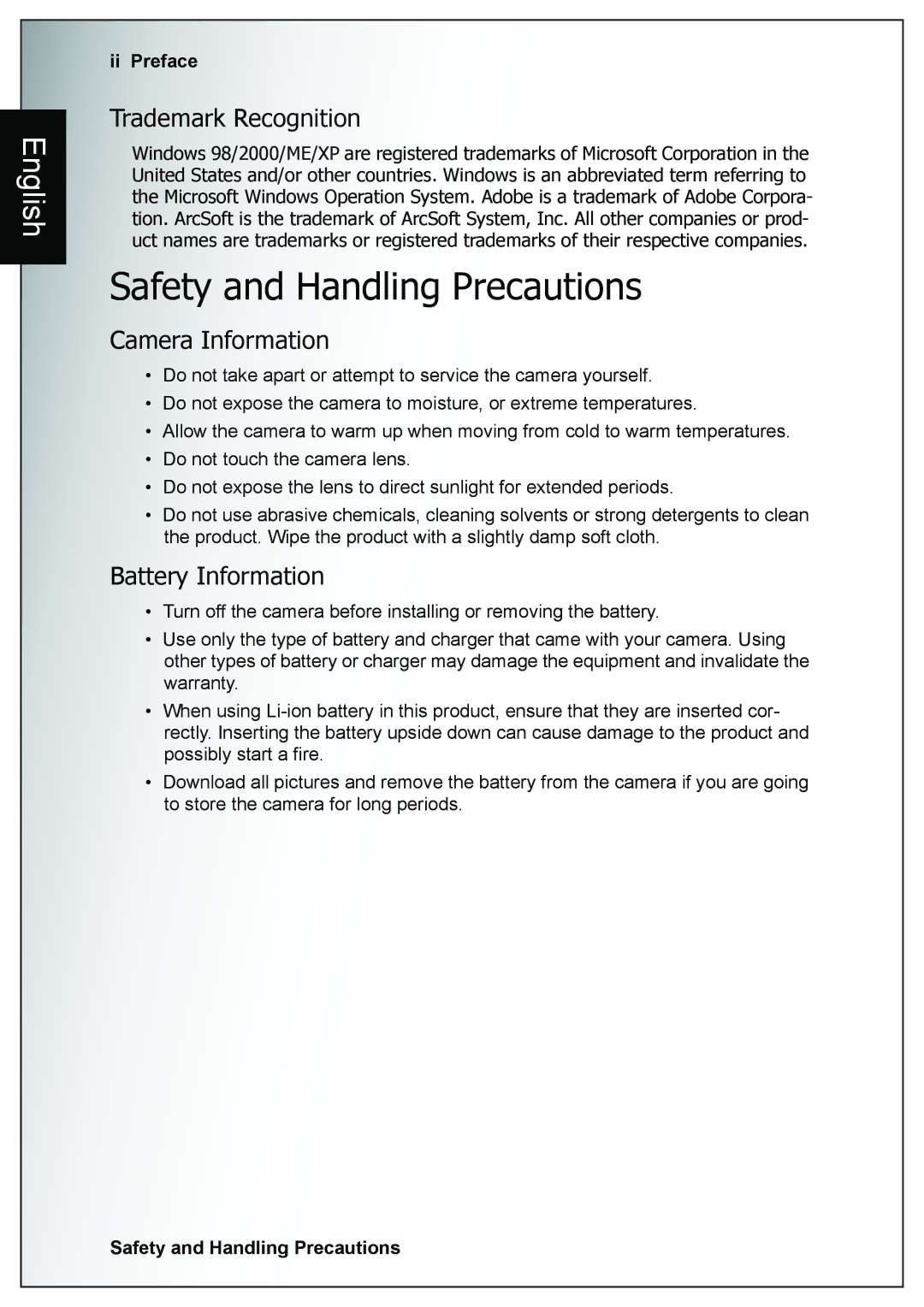 Sanyo VPC-E760 Safety and Handling Precautions, Trademark Recognition, Camera Information, Battery Information, Ii Preface 