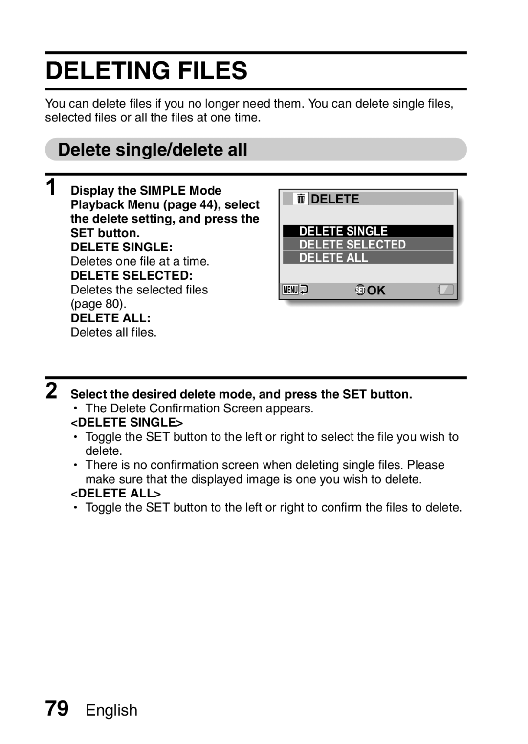 Sanyo VPC-FH1EX, VPC-FH1GX Deleting Files, Delete single/delete all, Display the Simple Mode, Deletes one file at a time 