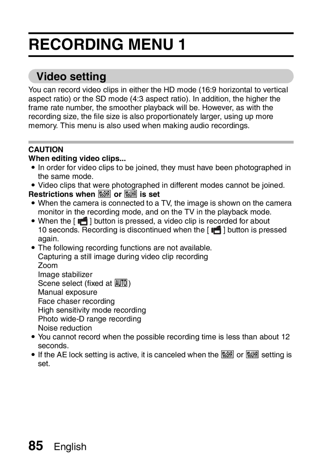 Sanyo VPC-FH1EX, VPC-FH1GX instruction manual Recording Menu, Video setting, When editing video clips 