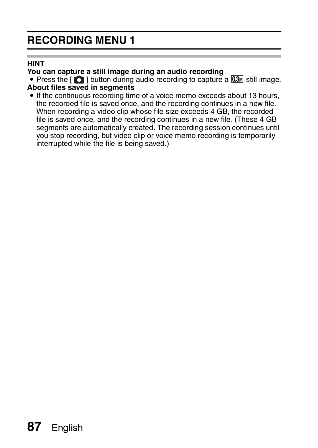 Sanyo VPC-FH1 Recording Menu, You can capture a still image during an audio recording, About files saved in segments 