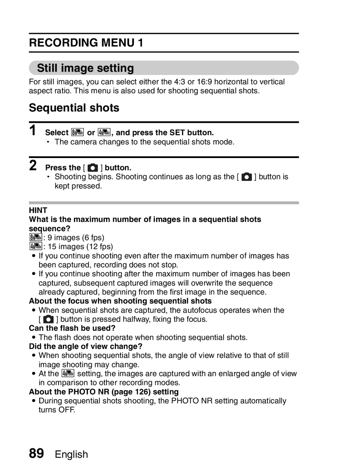 Sanyo VPC-FH1GX, VPC-FH1EX instruction manual Still image setting, Sequential shots 